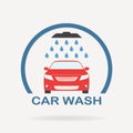 Car wash icon or label with auto shower and water drops. Colorful vector illustration of washing vehicle symbol in flat design. Royalty Free Stock Photo